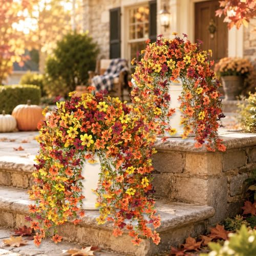 Artificial Fall Flowers Fake Mums UV Hanging Plants for Outdoors Decor - Image 4