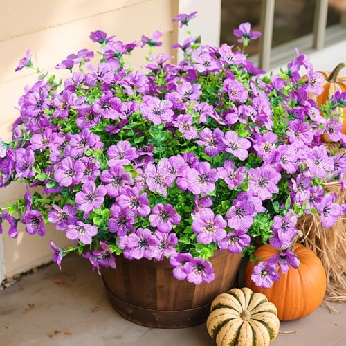 Daisy Artificial Flowers for Outdoors Decor, 12 Bundles Faux Daisy with Eucalyptus Fake Plants Greenery UV Resistant Look Real Colorful Faux Flowers for Outside Planter Porch Patio Yard Garden, Purple by florisso