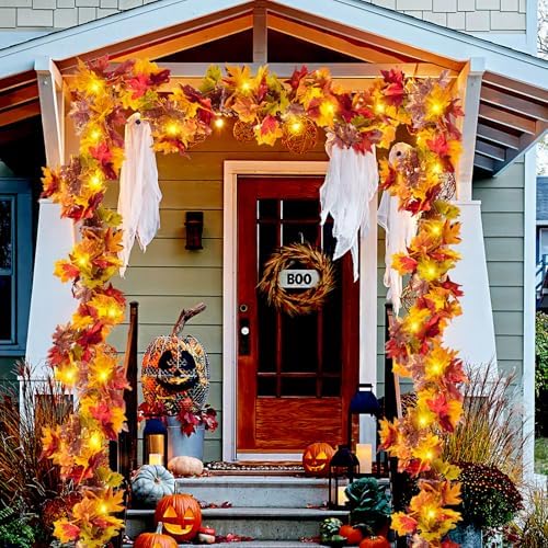 2Pcs Fall Maple Leaf Garland with Yellow Lights - Image 4