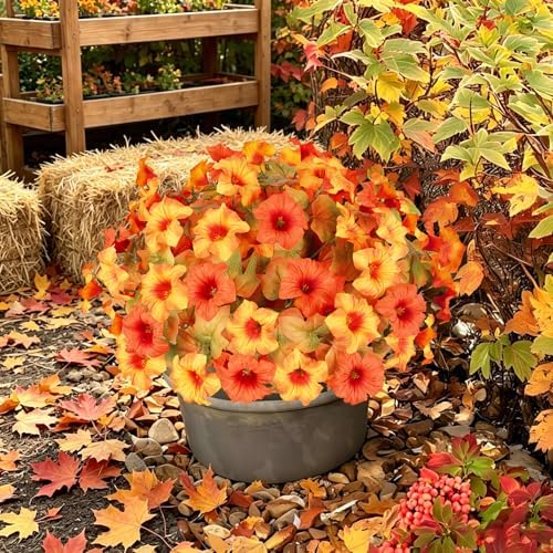 Artificial Fall Flowers for Outdoors, Faux Petunias Autumn Decoration, Fake Flowers Plants UV Resistant Look Real Silk Flowers for Outside Planter Front Door Porch Patio Yard (6, Orange-Yellow) - Image 3