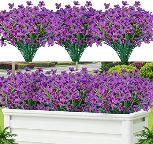 Lnoicy 12 Pcs Artificial Flowers for Outdoor,Plastic Flowers Decoration, UV Resistant Faux Flowers Shrubs, Artificial Plants for Indoor Outside Garden Home Wedding Farmhouse（Purple） by Lnoicy