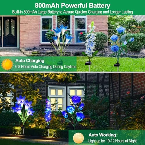 MRHEPHAESTUS Solar Garden Lights Waterproof, 3 Pack Solar Flowers Lights Includes Lily Rose Delphinium, Gardening Gifts for Mom Grandma Women,7-Color Changing Outdoor Decor for Garden Yard Patio Lawn - Image 3