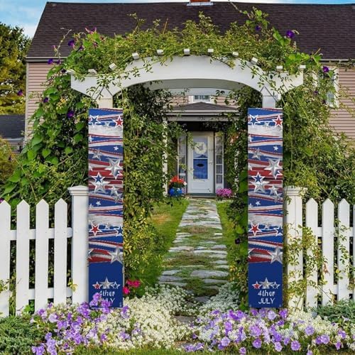 doginthehole 4th of July Decorations Door Banners 2pcs Outdoor Patriotic Memorial Day Decor Independence Day Hanging American Flag and Banner Stars and Stripes Porch Sign Party Supplies Red White Blue - Image 5