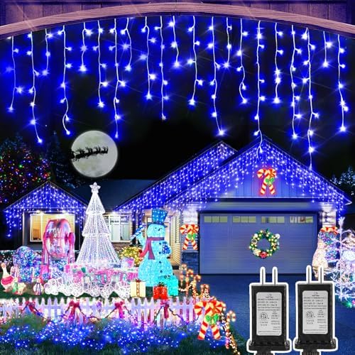 Christmas Lights Outdoor, 2 Pack Total 98FT 960 LED Ice Lights for Outside with 180 Drops Clear Wire 8 Modes Timer, Plug in Waterproof for Holiday Eaves Yard Roof Party Christmas Decor (Blue) by Heceltt