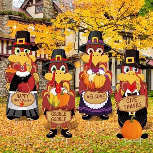 Chunful 4 Sets Thanksgiving Outdoor Decorations - Turkey Face Yard Signs with Stakes, Happy Thanksgiving Decor, Outdoor Turkey Pumpkin Leaf Harvest Garden Porch Signs, Lawn Yard Decor, 35 x 14 inch by Chunful