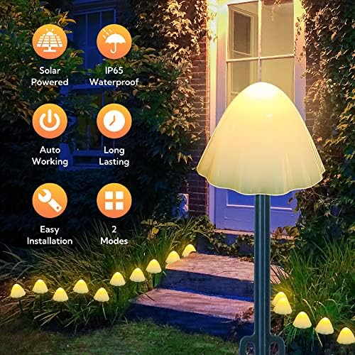 Solar Garden Lights, 12 LED 14.5ft Mini Mushroom Solar Lights Outdoor Waterproof, 2 Modes Lighted Mushroom Shaped Pathway Light for Patio Yard Garden Christmas Fall Decoration（Warm White） - Image 2