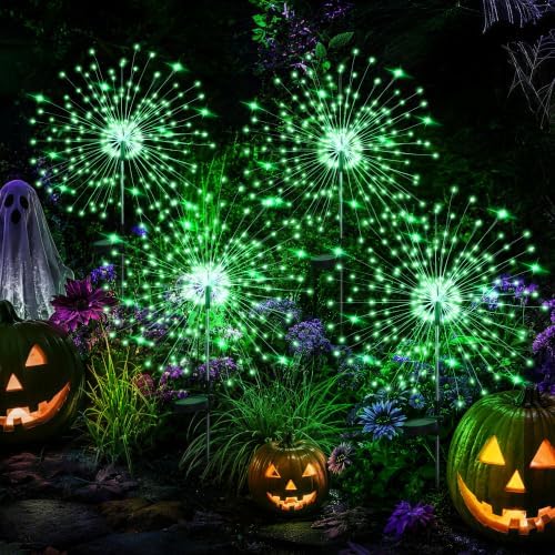 GIGALUMI 4 Pack Solar Firework Lights Outdoor, Halloween Decor, Green by GIGALUMI