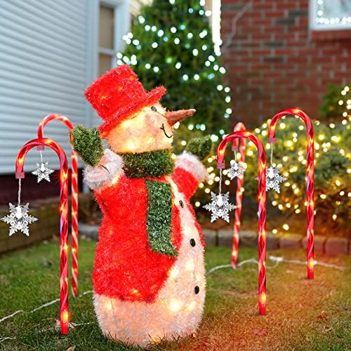 LAMPHOME 16Pack 16.5" Christmas Candy Cane Pathway Markers with Snowflake, Xmas Pathway Lights Outdoor with 64 Warm White Lights for Walkway Garden Lawn Holiday Decorations - Image 2