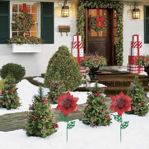 YEAHOME Outdoor Christmas Decorations, Set of 2 Poinsettia Flower Decorative Garden Stakes for Christmas Decor, Metal Red Flowers Xmas Decorations for Outside Garden Yard Lawn Porch - Image 7