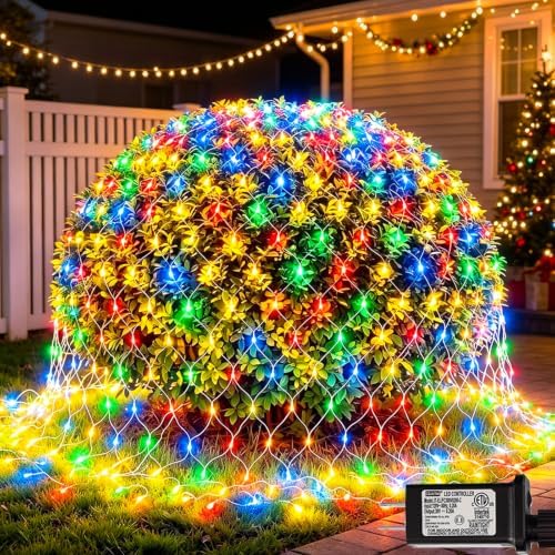 300 LED Net Lights for Bushes, 14.8ft x 5ft 8 Modes Christmas Outdoor Mesh Lights Connectable, Waterproof Decorative String Lights Plug in for Xmas Tree Garden Wedding Party (Clear Wire, Mulitcolor) by Lovelite