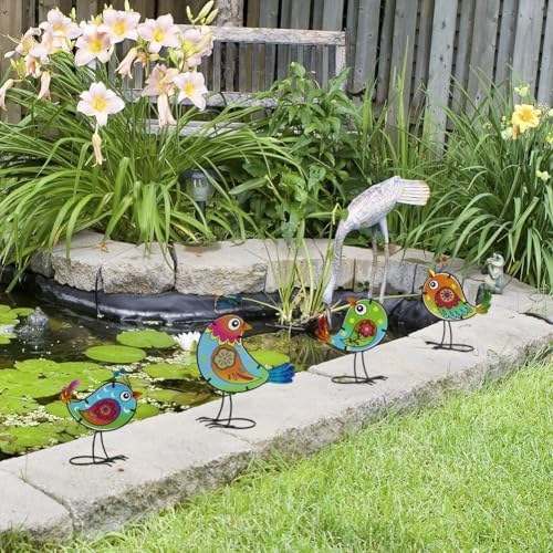 4 Pack Bird Garden Decor for Outside, Glass & Metal Yard Art Decoration for Porch Patio, Garden Statues Sculpture Gifts for Grandma Mom Women (Colorful) - Image 3