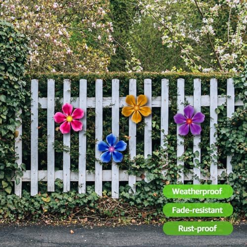 Giyyomtr Flowers Outdoor Wall Decor - 4 Pack 6.2'' Metal Flower Wall Art Hanging Decorations for Outdoor Fence Garden Yard Patio Exterior Decor - Image 3