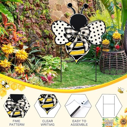 Weysat Summer Yard Sign Polka Dot Bee Metal Decoration Outdoor 13.7 Inch Summer Decoration for Home Outdoor Honey Bee Welcome Porch Decor with Stakes Waterproof for Garden Patio Lawn Party Walkway - Image 3