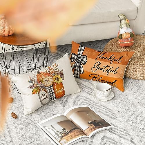 AVOIN colorlife Fall Pumpkin Home Sweet Home Throw Pillow Covers, 12 x 20 Inch Autumn Thankful Grateful Blessed Harvest Floral Orange Decorations for Sofa Couch Set of 4 - Image 2