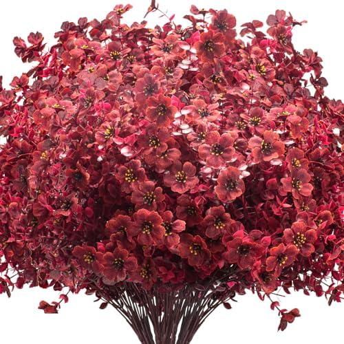 Grunyia 16 Bundles Artificial Boxwood Flowers Outdoor UV Resistant, 13.5" Fall Faux Greenery for Porch Planters Thanksgiving Decor - Fake Plants for Garden, Fireplace, Front Door(Wine Red) by Grunyia