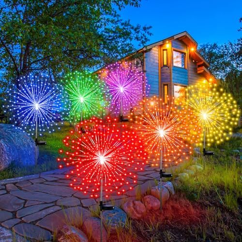 Tujoe 6 Pcs Multicolor Solar Firework Stake Lights 180 LED 8 Modes Solar - Image 6