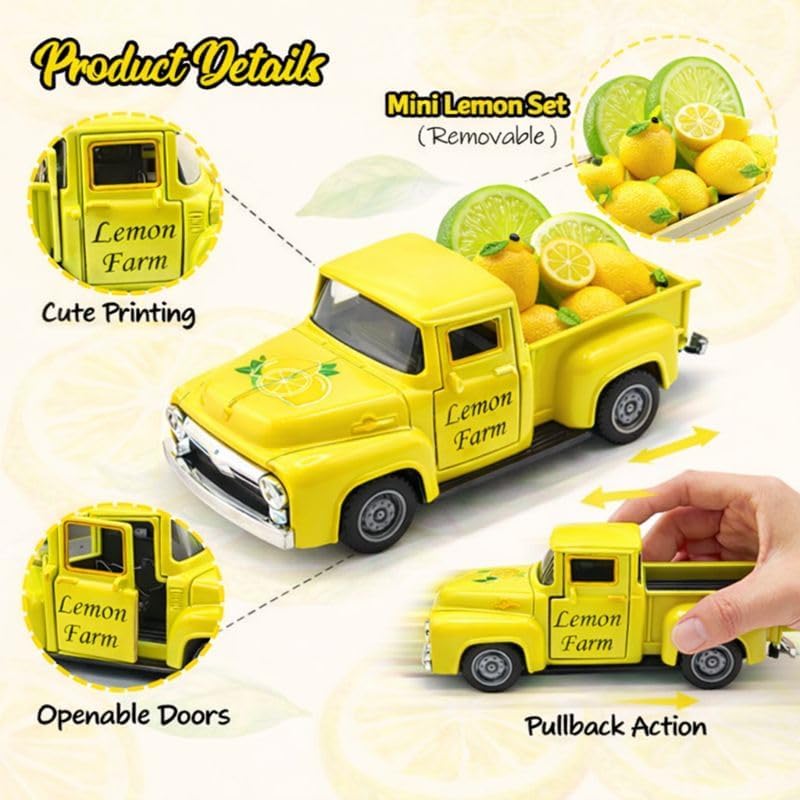 Lemon Farm Truck Decor with 8 Faux Lemons, 5.7 Inch Vintage Yellow Metal Pickup Truck, Spring Summer Farmhouse Kitchen Tabletop Tiered Tray Shelf Mantel Centerpiece Home Decoration,1Set - Image 6