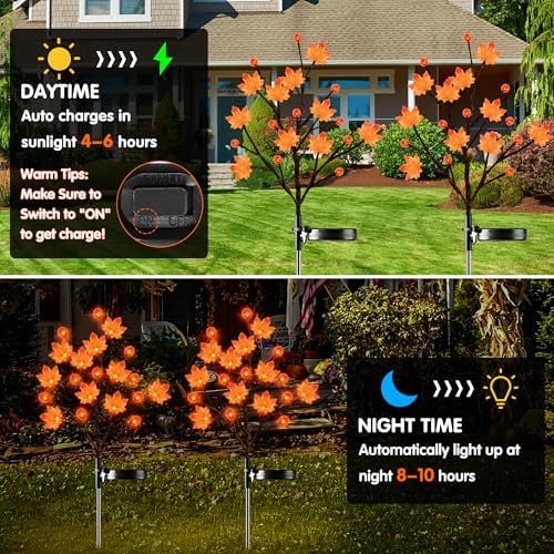 2 Pack Fall Decor Thanksgiving Decorations Lights Solar Lights Outdoor with 3D Maple Pumpkin, 8 Modes Fall Thanksgiving Lights Outdoor Solar Lights Waterproof for Yard Decor - Image 3