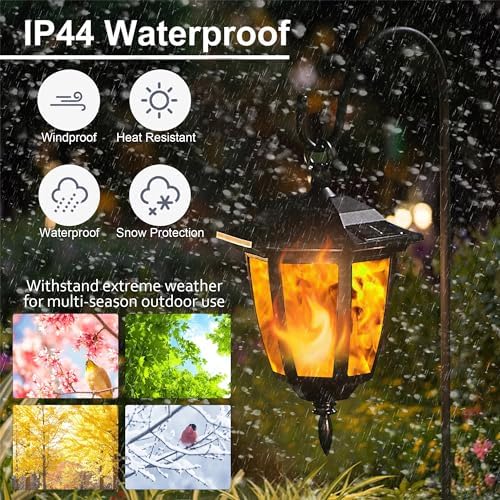 Dynaming 2 Pack Solar Flame Hanging Lights Outdoor, Halloween Solar Flickering Flame LED Garden Lanterns with 2 x 38 Inch Shepherd Hooks, Christmas Lighting for Lawn Patio Yard Pathway Driveway - Image 4