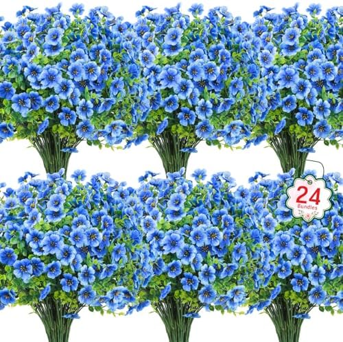 Ouddy Decor 24 Pcs Artificial Flowers for Outdoors Decorations, Blue by OuddyDecor