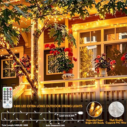JXLEDAYY 552 FT 1400 LED Christmas Lights Outdoor Decorations Super Long Fairy String Waterproof 8 Modes Timer Clear Wire for Outside House Tree Patio Yard Wedding Party Holiday-Warm White - Image 5