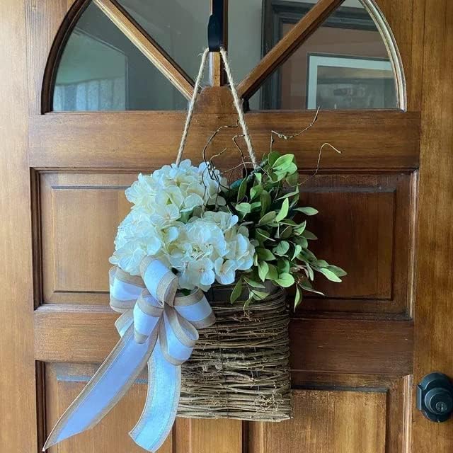 Cream Hydrangea Door Hanger Basket Wreath - Farmhouse Spring Wreath with Wildflowers, Mother's Day Decor, Artificial Rattan Hanging Basket for Porch, Wall, Home Decor - Image 5
