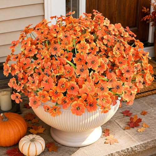 AmyHomie 20 PCS Artificial Fall Flowers for Outdoors, Orange Fake Mums - Image 2