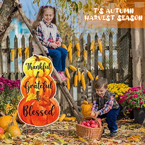 Spiareal Fall Outdoor Decorations Thanksgiving Pumpkins Yard Stake 3 Stacked Pumpkins Yard Sign 27 Inch Thankful Grateful Blessed Rustic Fall Harvest Outdoor Pumpkin Decor for Garden Lawn Decoration - Image 5