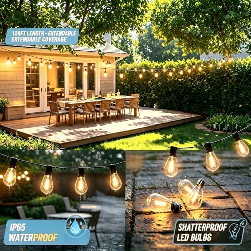 120FT Outdoor String Lights, LED Patio Lights with 30+2 Shatterproof S11 Edison Bulbs,Ultra Long Waterproof Hanging Lights for Backyard Deck Porch Party Decor Commercial Use 2700K - Image 2