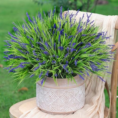 Artificial Fake Outdoor Plants Flowers for Decoration,10 Bundles 16.5" UV Resistant Plastic Tall Realistic Faux Monkey Grass Greenery Stems for Home Outside Planter Window Porch Patio Garden-Purple by HyeFloraartificialflowers