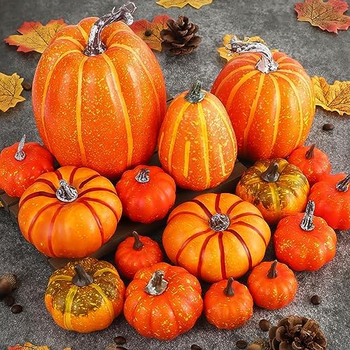 Ywlake 16 Pcs Pumpkin Fall Decorations, Decorative Large Small Outdoor Orange Foam Plastic Fake Faux Artificial Pumpkins for Halloween Autumn Harvest Festival Home Table Decor - Image 3