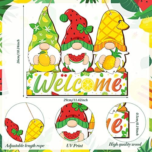 Summer Welcome Sign Wooden Fruit Gnome Hanging Sign Holiday Door Sign with Ropes Hanging Decoration with Lemon Watermelon for Summer Front Door Porch Farmhouse Outdoor Home Decor (Gnome Fruit) - Image 3