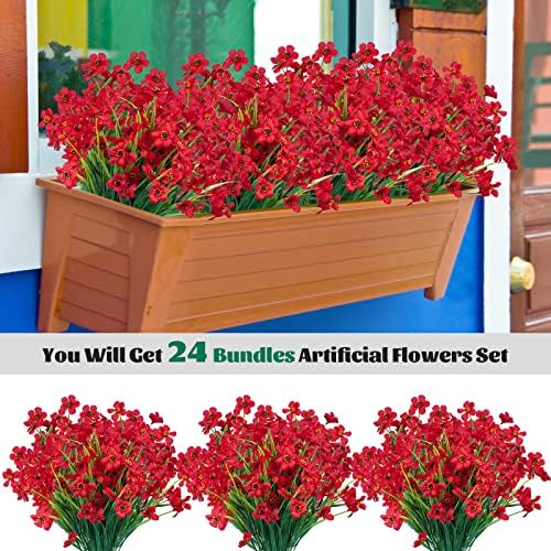 24 Pcs Artificial Flowers for Outdoor, Plastic Fake Flowers Decoration, Red - Image 3