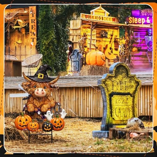 Amyhill Halloween Highland Cow Outdoor Decor Metal Garden Stakes with Pumpkins Bats Yard Signs for Halloween Outdoor Lawn Porch Backyard Holiday Lawn Decorations - Image 6