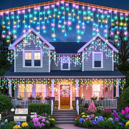 33ft Icicle Lights for Outside, Christmas Lights Outdoor Indoor, 400 LED Twinkle String Light with 75 Drops Clear Wire Short Curtain Light for Thanksgiving Room Home Wall Bedroom, Pastel Multicolor by Nielfoi