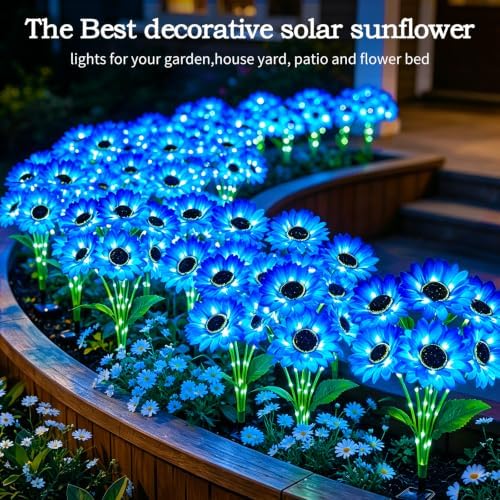 MRHEPHAESTUS Solar Garden Lights Outdoor, 4 Pack Solar Blue Sunflower Lights with 18 Head 3.5 Inch Flowers, Waterproof Flowers Light Fall Decor Auto ON/Off for Garden Yard Patio, Gifts for Mom Women - Image 5