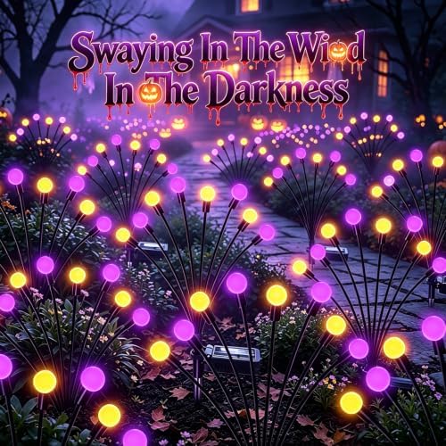Kohlrabi Halloween Decorations Outdoor, 10 Pack 80 LED Purple and Orange Solar Firefly Lights Waterproof, Sway by Wind, Solar Wind Swaying Light for Garden Yard Patio Pathway Decoration - Image 7