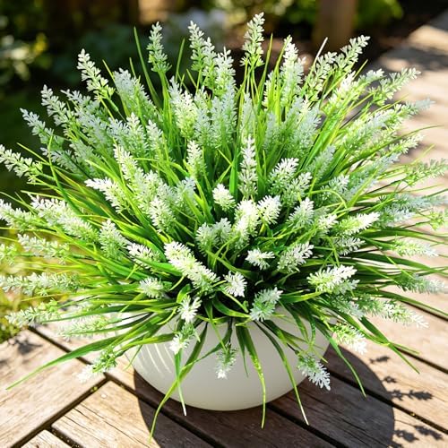 AmyHomie 16 PCS Artificial Flowers for Outdoors,White Fake Lavender Plants by AmyHomie