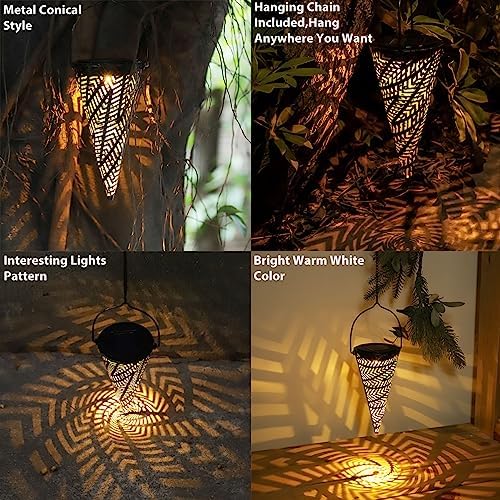 Outdoor Decorative Solar Hanging Lights with Delicate Hollow Conical Lantern Design - Set of 3 Chandelier for Patio, Tree, Garden, Yard, Porch, Backyard Pathway and Christmas Decoration. - Image 3