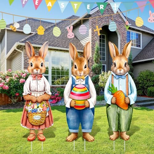 Umigy 3 Pcs Easter Yard Decor Elegant Easter Sign with Stakes 32 x 10 Inch Bunny Holding Carrots Eggs Baskets Lawn Decor Cute Yard Decoraitons for Home Pathway Walkway - Image 5