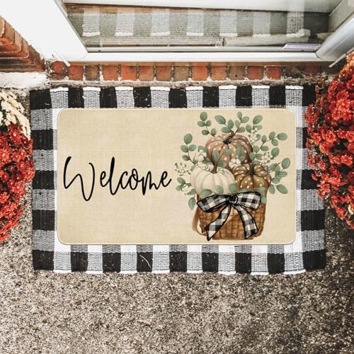 Fall Door Mat Outside,Pumpkin Eucalyptus Welcome Mat for Front Door,Thanksgiving Autumn Indoor Outdoor Non-Slip Rugs,Fall Doormat for Farmhouse Home Porch Decorations (Brown 30" x 17") - Image 2