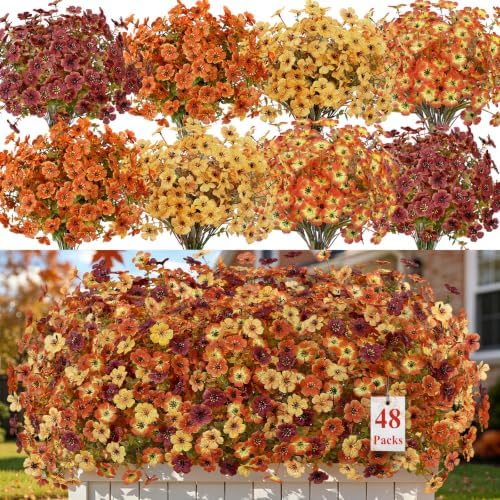 Alupssuc 48 Bundles Artificial Fall Flowers, UV Resistant Faux Mums Porch by Alupssuc