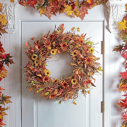 JINGHONG Large Fall Wreaths for Front Door 28 Inch Artificial Floral Wreath with Colorful Daisies and Autumn Foliage Fall Autumn Wreath for Front Door Wall Window and Thanksgiving Decor - Image 5
