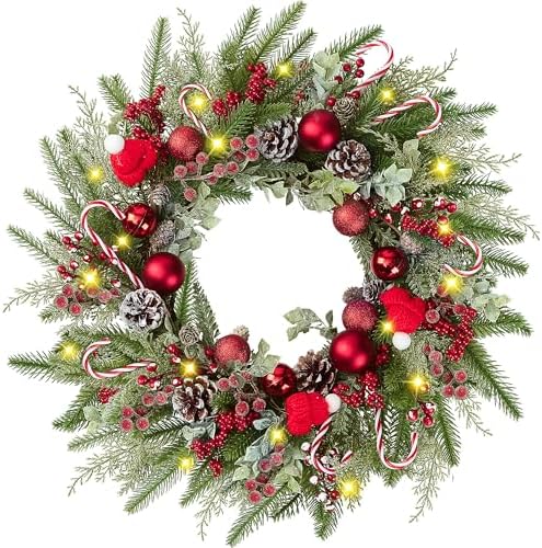 22’’ Artificial Christmas Wreath for Front Door with Red Balls Candy Canes Pine Needles Red Berries Pine Cones Christmas Decorations for Winter Wall Outdoor Home Holiday Xmas Decor by Sggvecsy