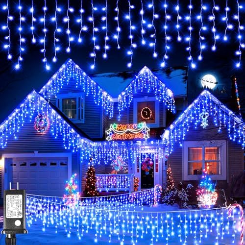 98FT 1216 LED Icicle Lights for Outside, 8 Modes 228 Drops, Blue by XmasBokeh