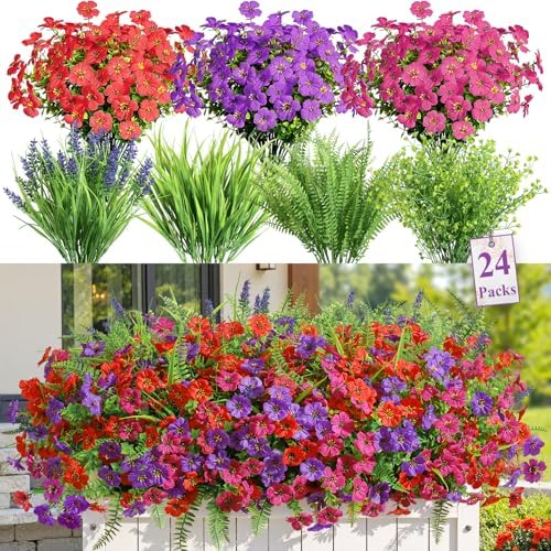 Alupssuc 24 Bundles Artificial Flowers for Outdoors Planters Spring Decoration, UV Resistant Faux Eucalyptus Violet and Lavender Silk Fake Plants for Outside Indoor Yard Home Patio Decor, Mix 3 Colors - Image 5