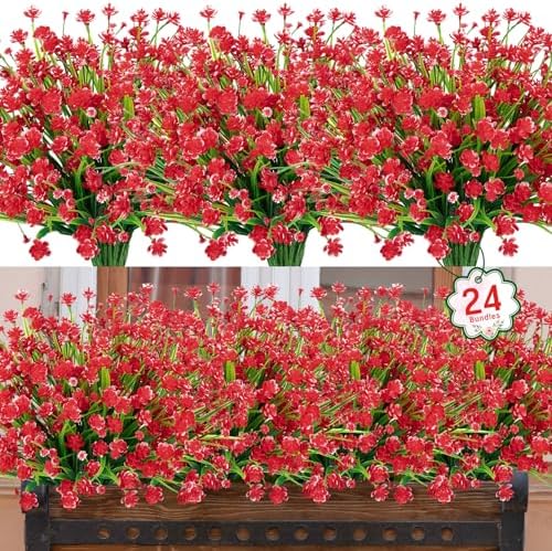 Ouddy Decor 24 Bundles Artificial Flowers for Outdoors Decorations, Red by OuddyDecor