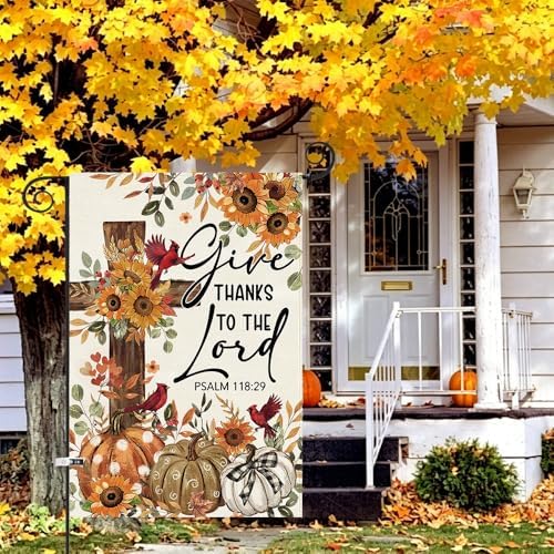 Baccessor Give Thanks To The Lord Garden Flag 12.5x18 Inch Double Sided,Cardinal Cross Thanksgiving Day Outside Outdoor Seasonal Burlap Pumpkin Flags Home Patio Front Yard Lawn Decoration - Image 5