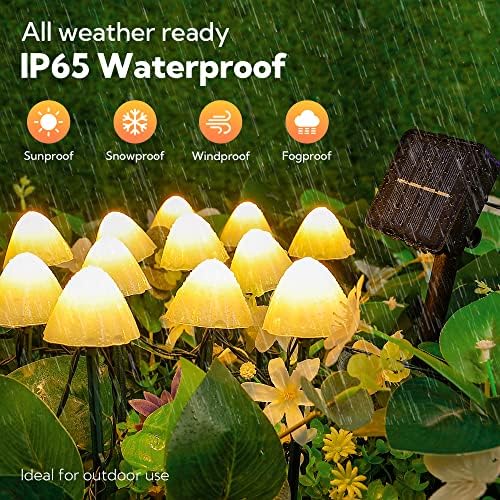 Solar Garden Lights, 12 LED 14.5ft Mini Mushroom Solar Lights Outdoor Waterproof, 2 Modes Lighted Mushroom Shaped Pathway Light for Patio Yard Garden Christmas Fall Decoration（Warm White） - Image 3