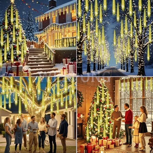 Weepong Christmas Lights Outdoor Falling Rain Meteor Shower Lights 12 inch 8 Tube 192 LED Snowfall Icicle Cascading String Light for Xmas Tree Christmas Decorations Holiday Garden, UL Plug,Warm White - Image 2